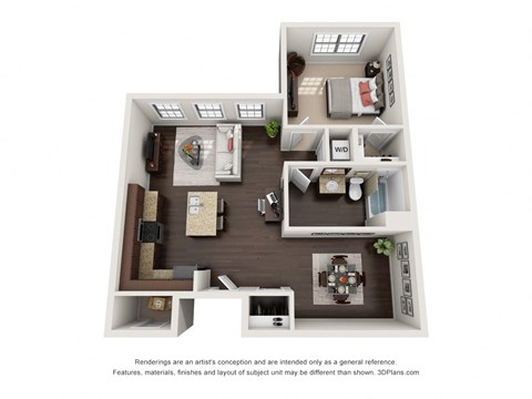 Floor plan for 1 bed, 1 bath, 837 sqft